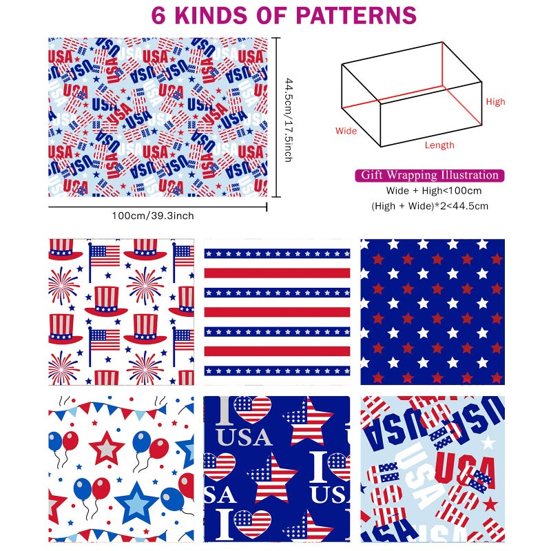 WRAPAHOLIC Wrapping Paper Sheet - Memorial Day, 4th of July Design for Birthday, Holiday, Wedding, Baby Shower - 1 Roll Contains 6 Sheets - 17.5 inch X 39.3 inch Per Sheet - Image 3